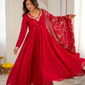Red Faux Georgette Anarkali Gown Set with Khatli Real Mirror Work