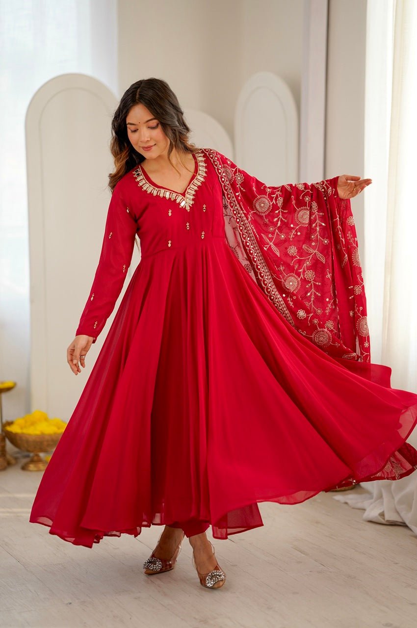 Red Faux Georgette Anarkali Gown Set with Khatli Real Mirror Work Red Faux Georgette Anarkali Gown Set with Khatli Real Mirror Work