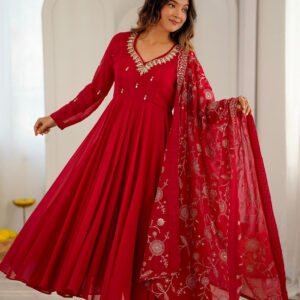 Red Faux Georgette Anarkali Gown Set with Khatli Real Mirror Work