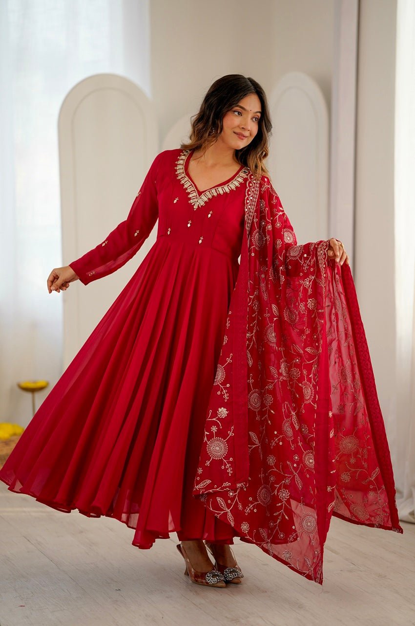 Red Faux Georgette Anarkali Gown Set with Khatli Real Mirror Work Red Faux Georgette Anarkali Gown Set with Khatli Real Mirror Work