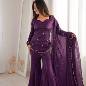 Purple Fendy Silk Embroidery Sequence Sharara Set