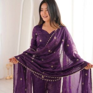 Purple Fendy Silk Embroidery Sequence Sharara Set