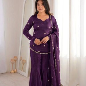 Purple Fendy Silk Embroidery Sequence Sharara Set