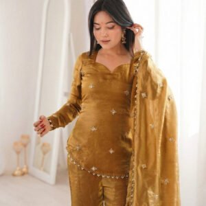 Copper Brown Fendy Silk Embroidery Sequence Sharara Set