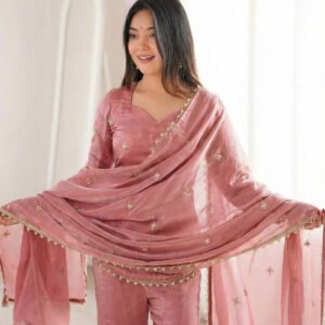 Rose Pink Fendy Silk Embroidery Sequence Sharara Set
