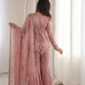 Rose Pink Fendy Silk Embroidery Sequence Sharara Set