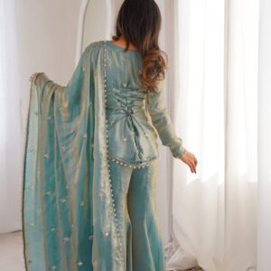 Steel Green Fendy Silk Sharara Suit