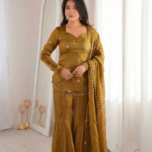 Copper Brown Fendy Silk Embroidery Sequence Sharara Set