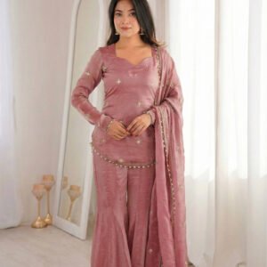 Rose Pink Fendy Silk Embroidery Sequence Sharara Set