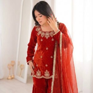 Rust Orange Fendy Silk Sharara Set with Zarkan Diamond