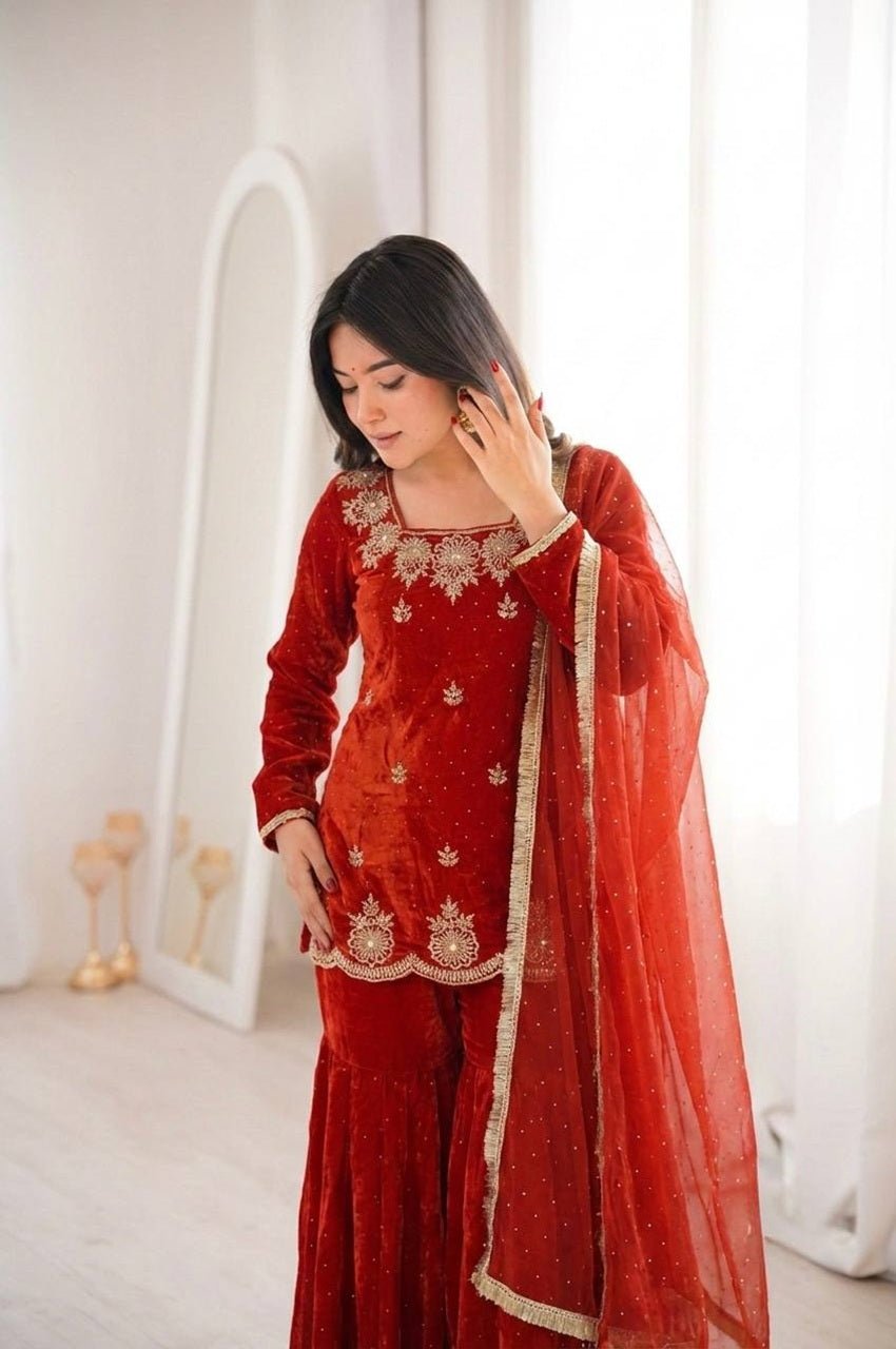 Rust Orange Fendy Silk Sharara Set with Zarkan Diamond Rust Orange Fendy Silk Sharara Set with Zarkan Diamond