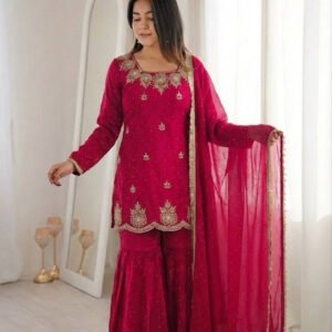 Rani Pink Fendy Silk Sharara Set with Zarkan Diamond