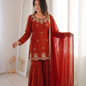 Rust Orange Fendy Silk Sharara Set with Zarkan Diamond