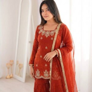 Rust Orange Fendy Silk Sharara Set with Zarkan Diamond