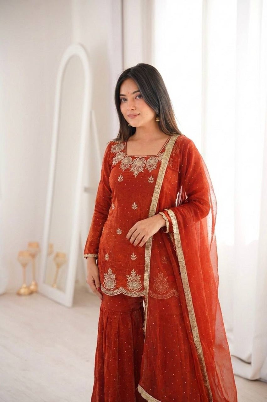 Rust Orange Fendy Silk Sharara Set with Zarkan Diamond Rust Orange Fendy Silk Sharara Set with Zarkan Diamond