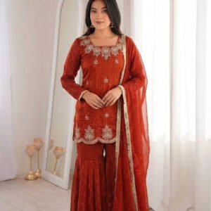 Rust Orange Fendy Silk Sharara Set with Zarkan Diamond
