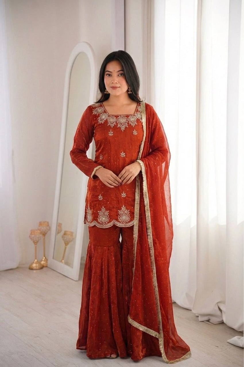 Rust Orange Fendy Silk Sharara Set with Zarkan Diamond Rust Orange Fendy Silk Sharara Set with Zarkan Diamond