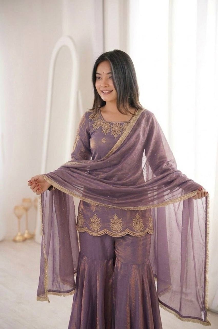 Misty Purple Fendy Silk Sharara Set with Zarkan Diamond Misty Purple Fendy Silk Sharara Set with Zarkan Diamond