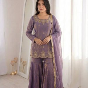 Misty Purple Fendy Silk Sharara Set with Zarkan Diamond