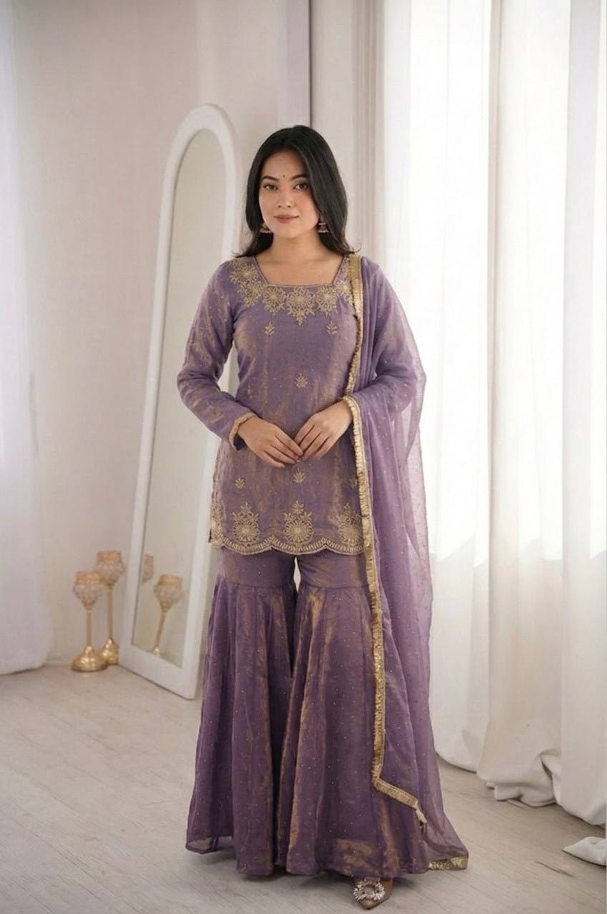 Misty Purple Fendy Silk Sharara Set with Zarkan Diamond Misty Purple Fendy Silk Sharara Set with Zarkan Diamond
