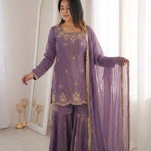 Misty Purple Fendy Silk Sharara Set with Zarkan Diamond