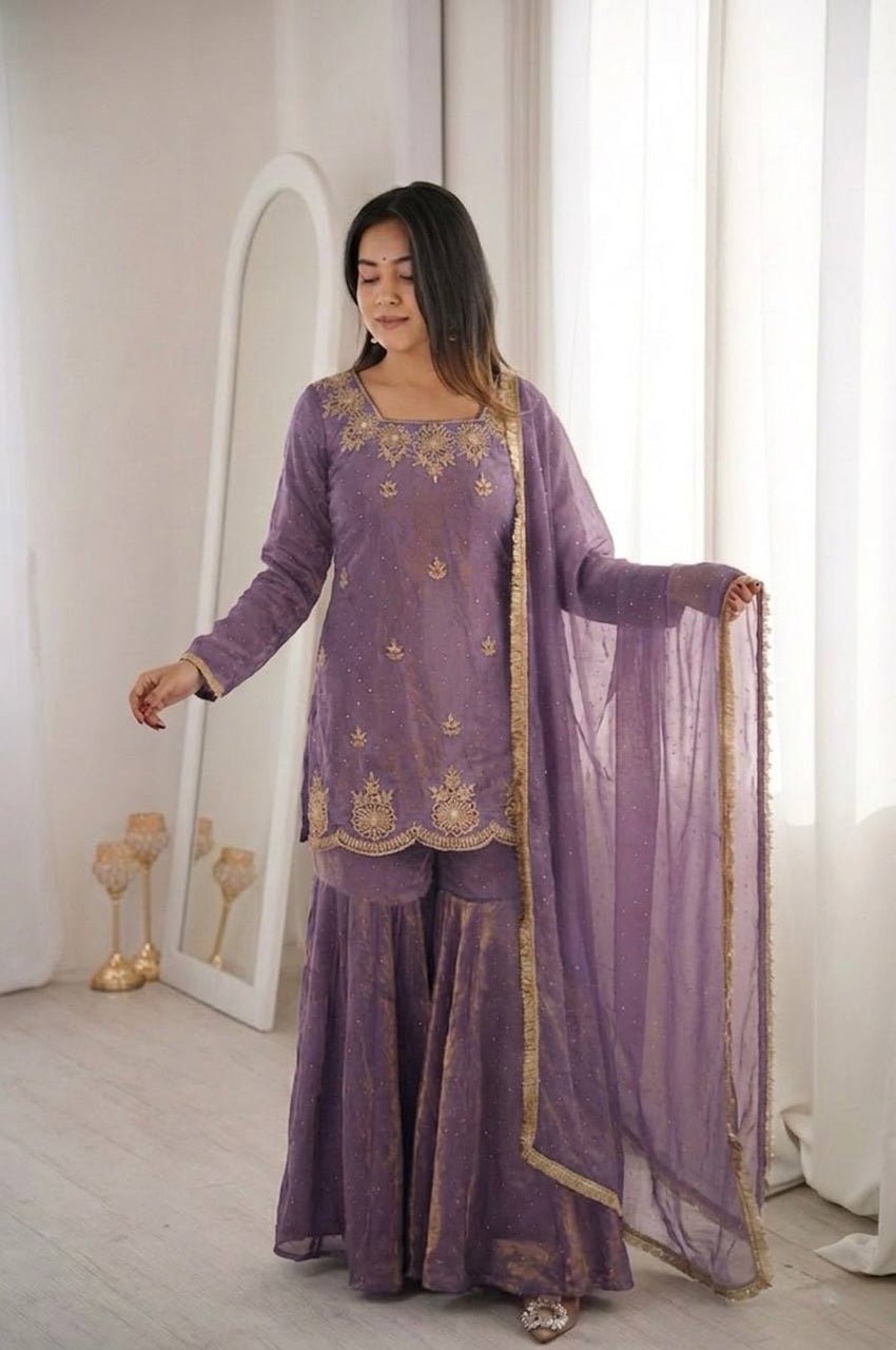 Misty Purple Fendy Silk Sharara Set with Zarkan Diamond Misty Purple Fendy Silk Sharara Set with Zarkan Diamond
