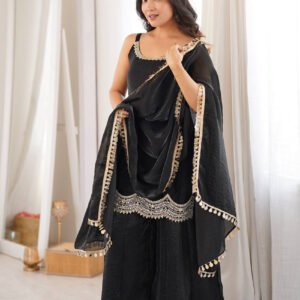 Black Fendy Silk Embroidered Mirror Work Sleeveless Top with Full Flair Sharara Suit