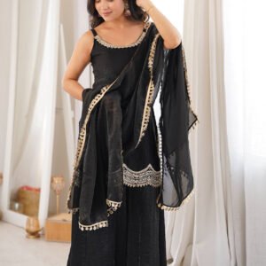 Black Fendy Silk Embroidered Mirror Work Sleeveless Top with Full Flair Sharara Suit