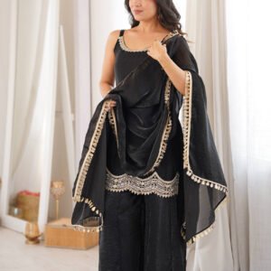 Black Fendy Silk Embroidered Mirror Work Sleeveless Top with Full Flair Sharara Suit