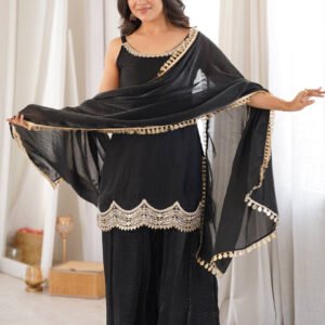 Black Fendy Silk Embroidered Mirror Work Sleeveless Top with Full Flair Sharara Suit