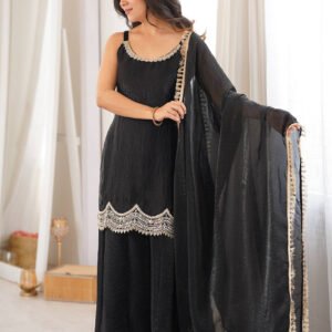 Black Fendy Silk Embroidered Mirror Work Sleeveless Top with Full Flair Sharara Suit