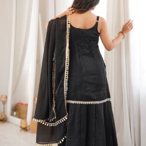 Black Fendy Silk Embroidered Mirror Work Sleeveless Top with Full Flair Sharara Suit