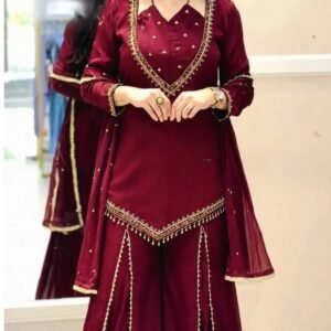 Maroon Roman Silk Sharara Suit with Gota Work