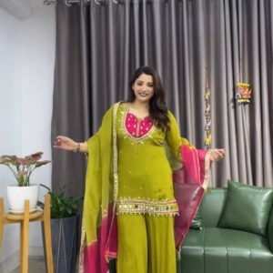 Mehndi Green Silk Sharara Suit with Mirror Work