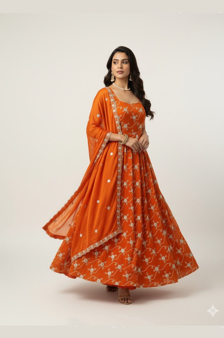 Elegant Orange Fandy Silk Anarkali Set Elegant Orange Fandy Silk Anarkali Set