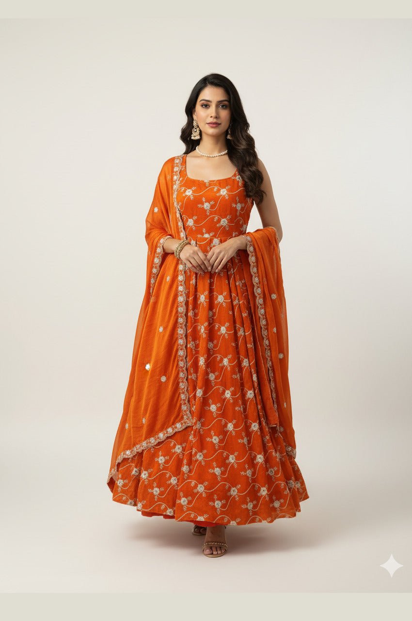 Elegant Orange Fandy Silk Anarkali Set Elegant Orange Fandy Silk Anarkali Set