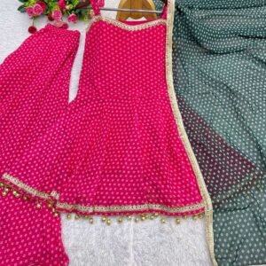 Rani Pink Bandhani Print Georgette Sharara Set with Contrast Dupatta