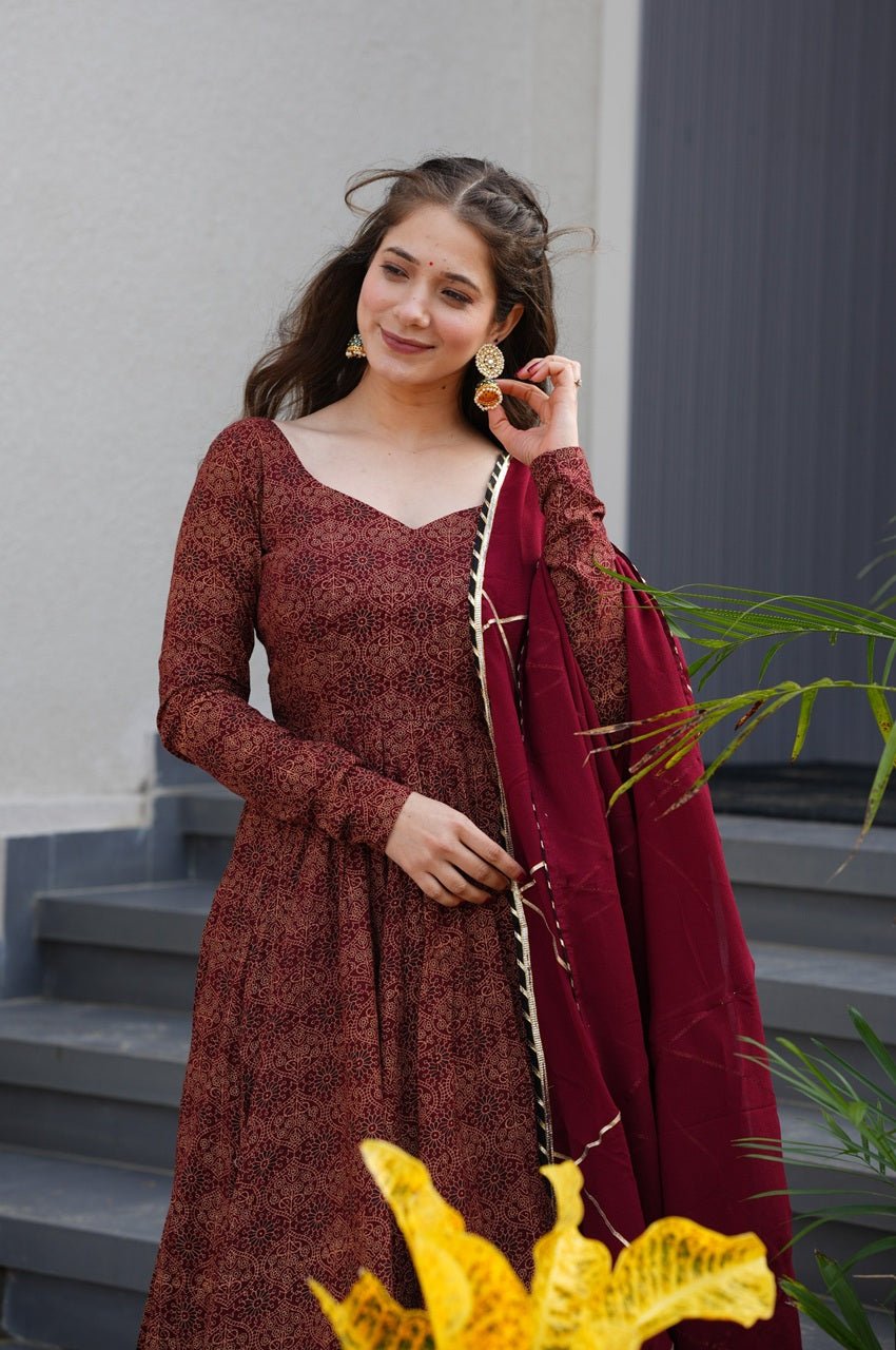 Maroon Cotton Ajrakh Print Anarkali Suit Set Maroon Cotton Ajrakh Print Anarkali Suit Set