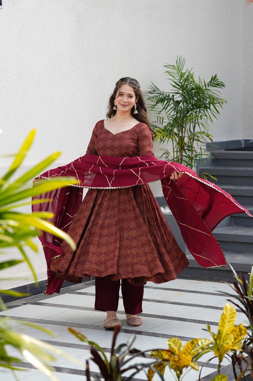 Maroon Cotton Ajrakh Print Anarkali Suit Set Maroon Cotton Ajrakh Print Anarkali Suit Set