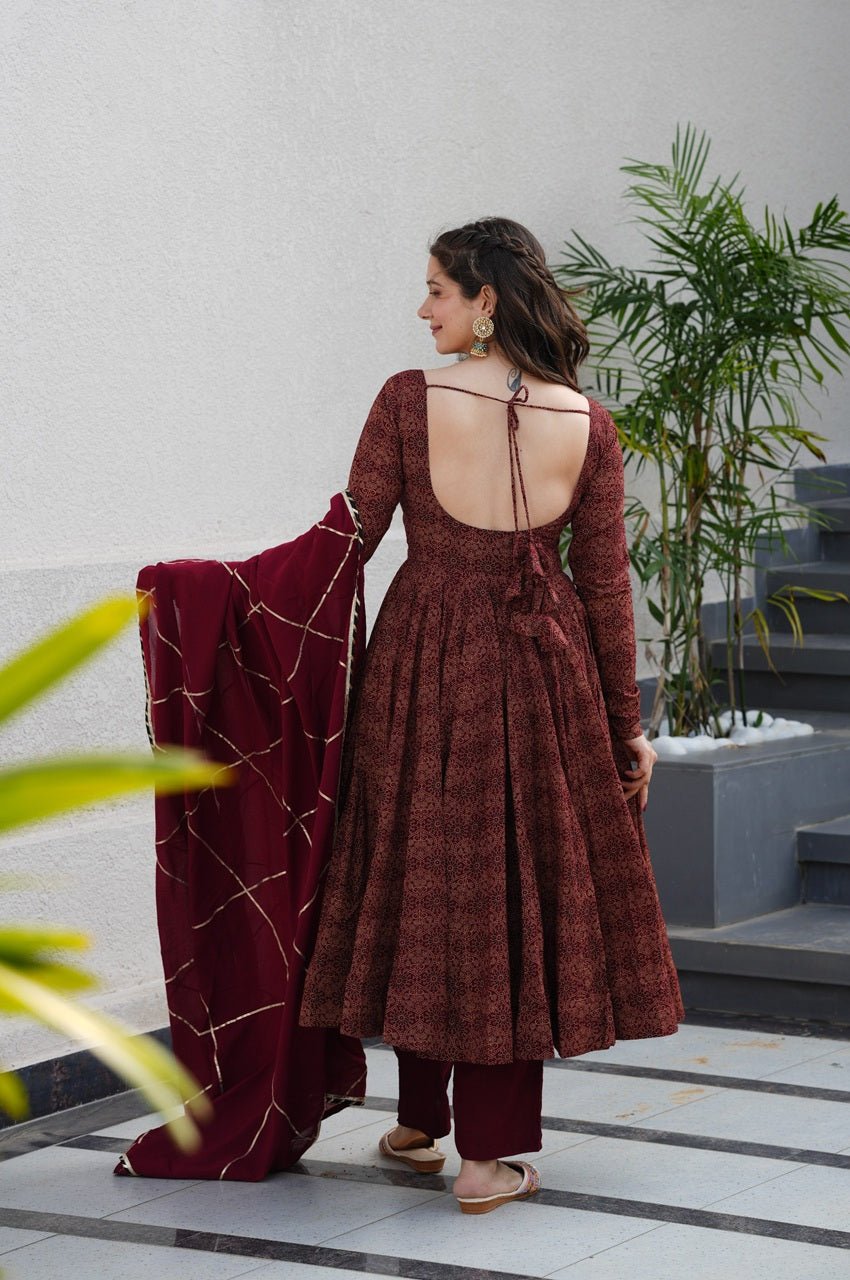 Maroon Cotton Ajrakh Print Anarkali Suit Set Maroon Cotton Ajrakh Print Anarkali Suit Set