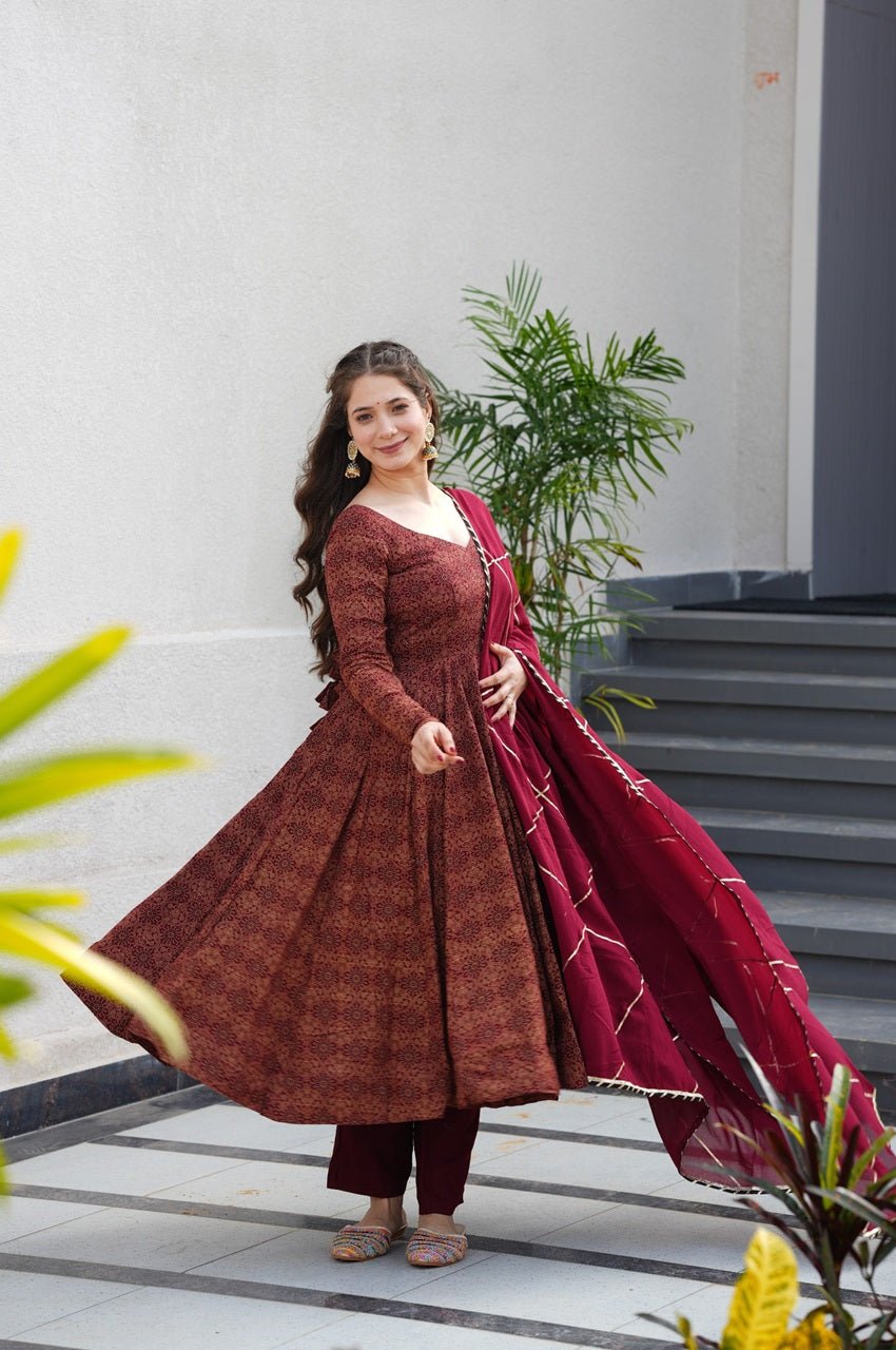 Maroon Cotton Ajrakh Print Anarkali Suit Set Maroon Cotton Ajrakh Print Anarkali Suit Set
