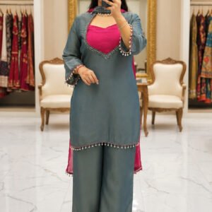 Teal Roman Silk Palazzo Suit with Contrast Pink Dupatta
