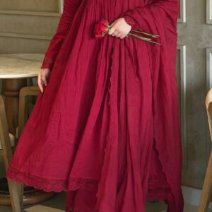 Arabian Red Roman Silk Embroidered Gown Set with Bottom and Cut Work Dupatta