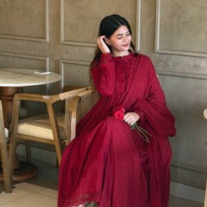 Arabian Red Roman Silk Embroidered Gown Set with Bottom and Cut Work Dupatta