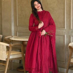 Arabian Red Roman Silk Embroidered Gown Set with Bottom and Cut Work Dupatta