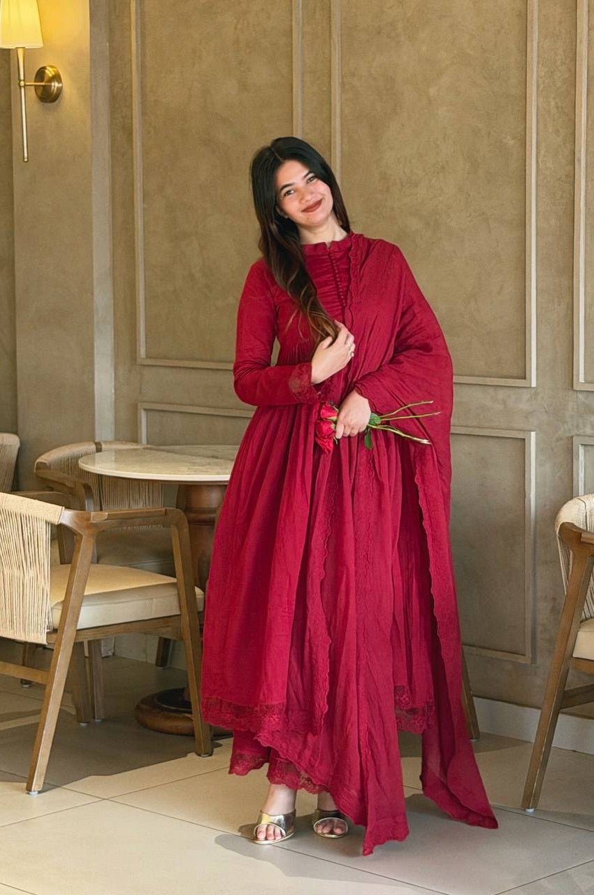 Arabian Red Roman Silk Embroidered Gown Set with Bottom and Cut Work Dupatta Arabian Red Roman Silk Embroidered Gown Set with Bottom and Cut Work Dupatta
